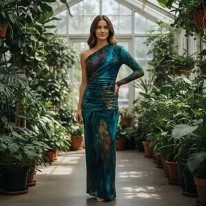 Zara Two Piece Set One Shoulder Top Maxi Skirt Green Abstrat Matching Set Size S